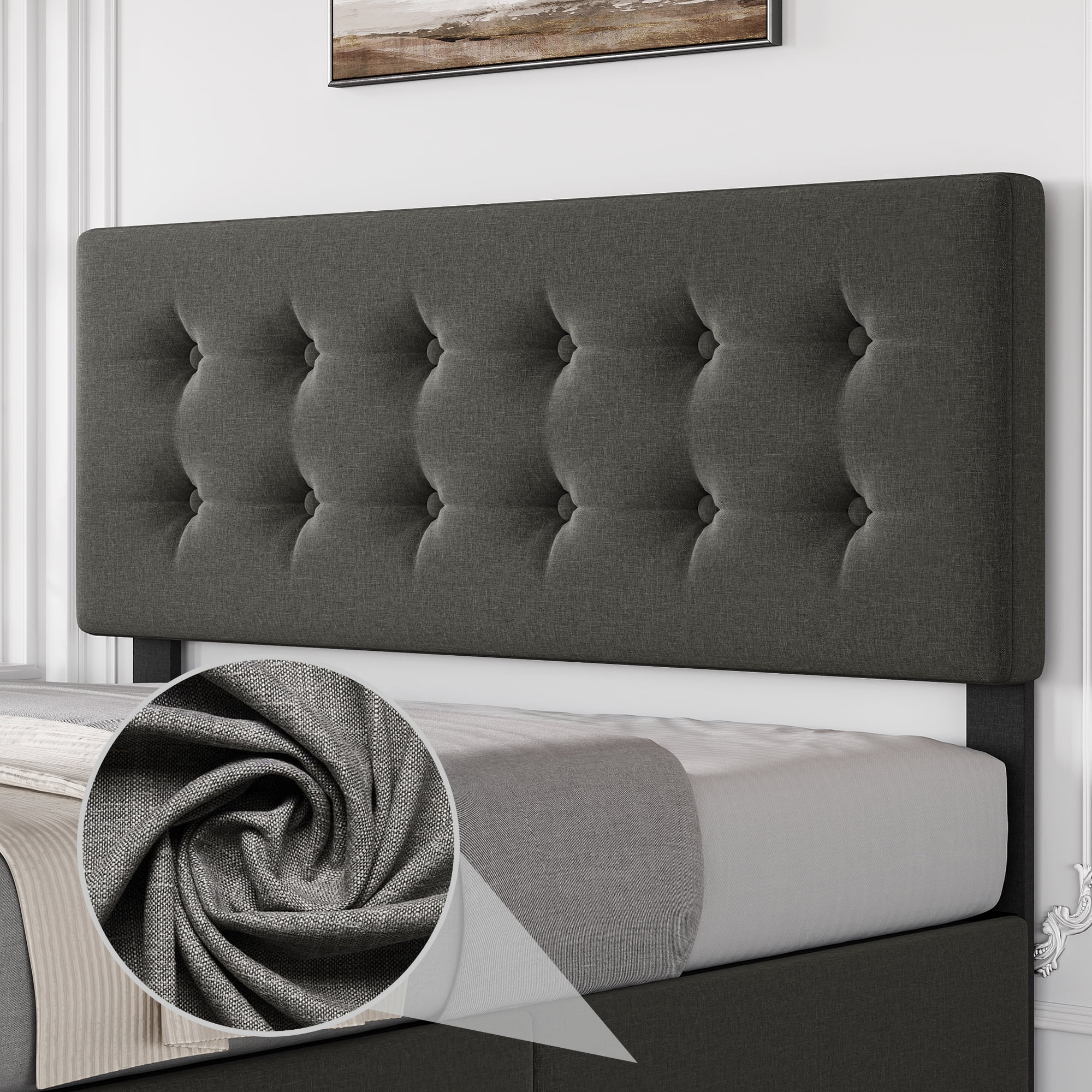 Huisuilinss Linen Upholstered Platform Bed Frame Queen Size Bed Frame With Button Tufted Design Headboard Full Size Bed Frame With 4 Storage Drawers Wooden Slats Support No Box Spring Needed