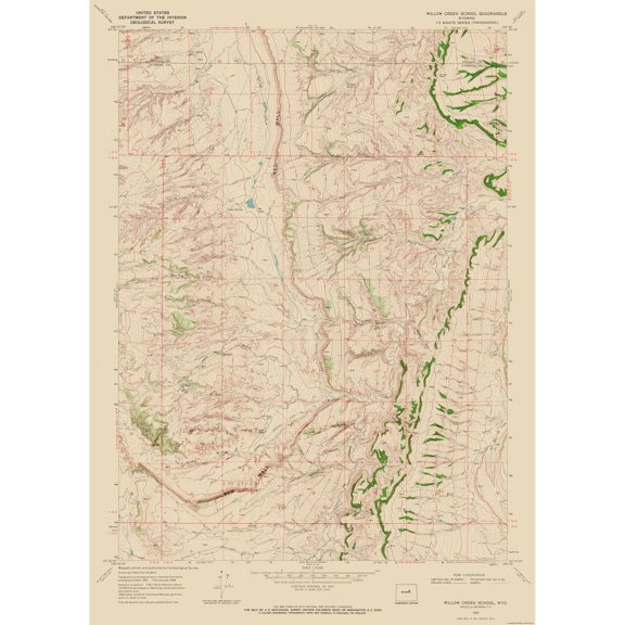 Topographical Map - Willow Creek School Wyoming Quad - USGS 1968 - Vintage Wall Art