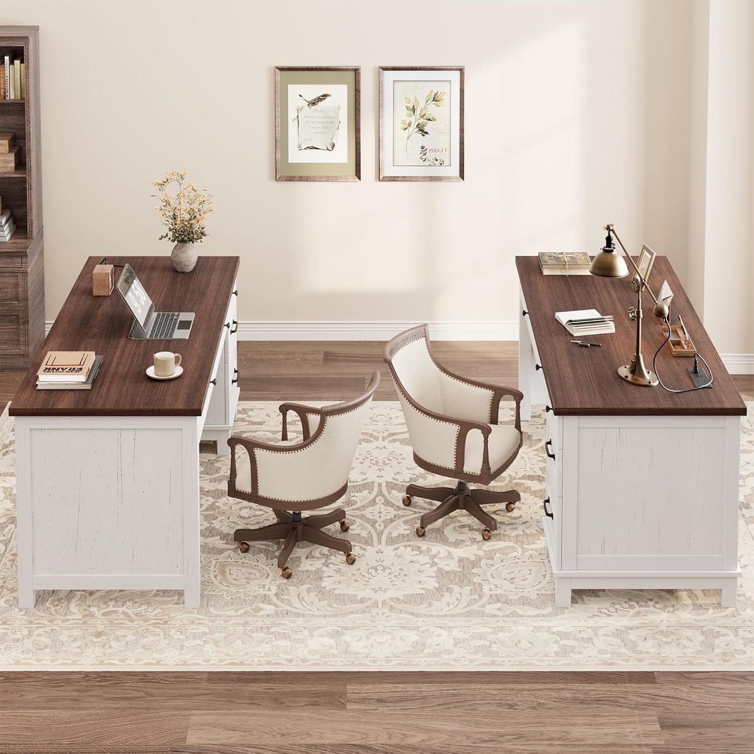Roromall 53.5" Wooden Executive Desk, Farmhouse Home Office Desk with Drawers & Charging Station, Computer Desk with File Cabinet Storage for Work Study