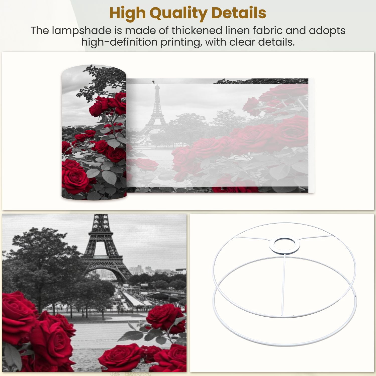 Linen Drum Lamp Shades Eiffel Tower Red Roses Foreground 13" x 13" x 10" Lampshade for Table Lamps Floor Lamps Lamp Shade Replacement Easy Assembly Required