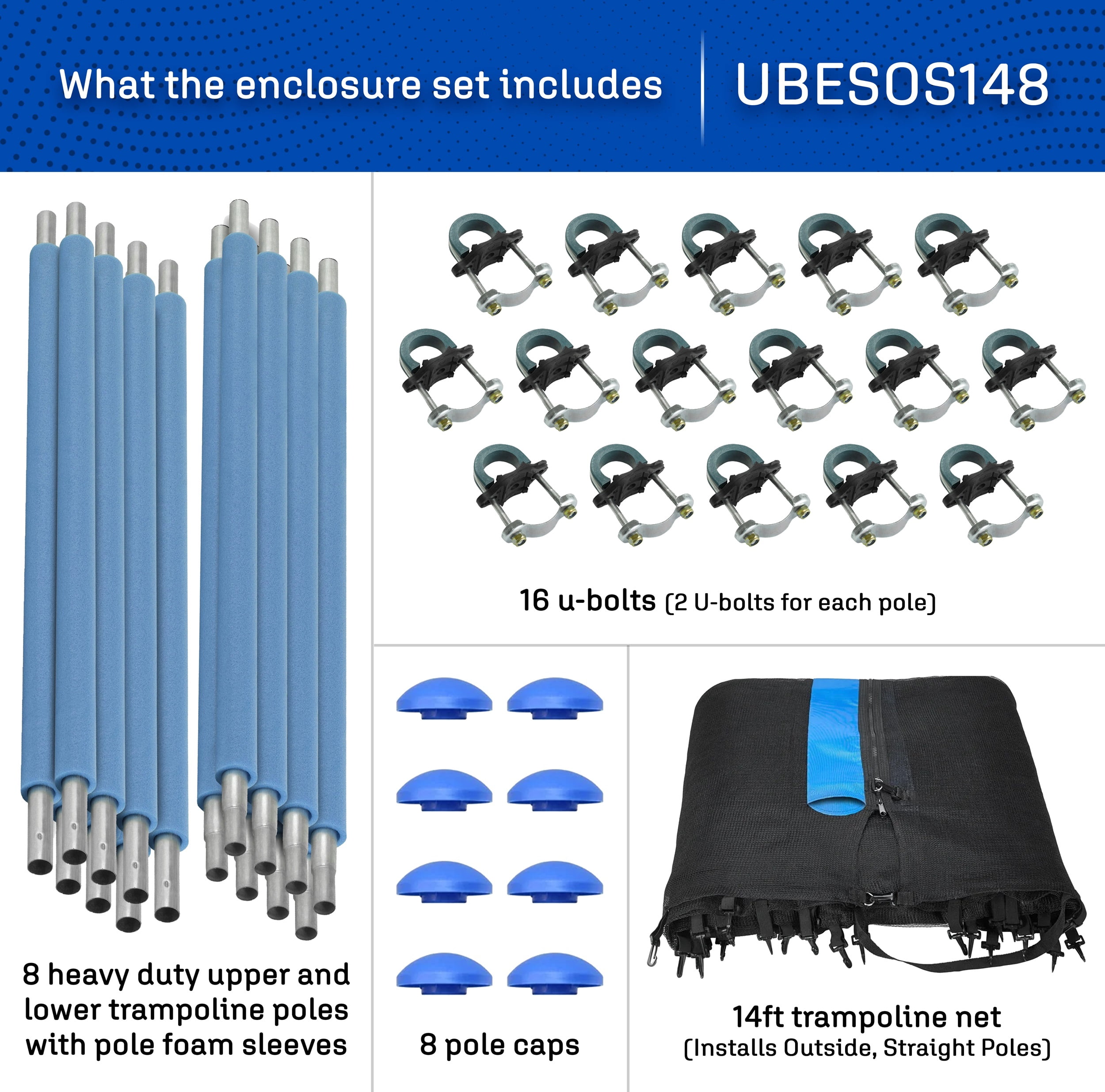 Machrus Upper Bounce Trampoline Safety Enclosure Set including Trampoline Net, 8 Trampoline Poles, Caps and Trampoline Pole Foam Sleeves - For 14ft Round Trampoline Frame - Installs Outside the Frame