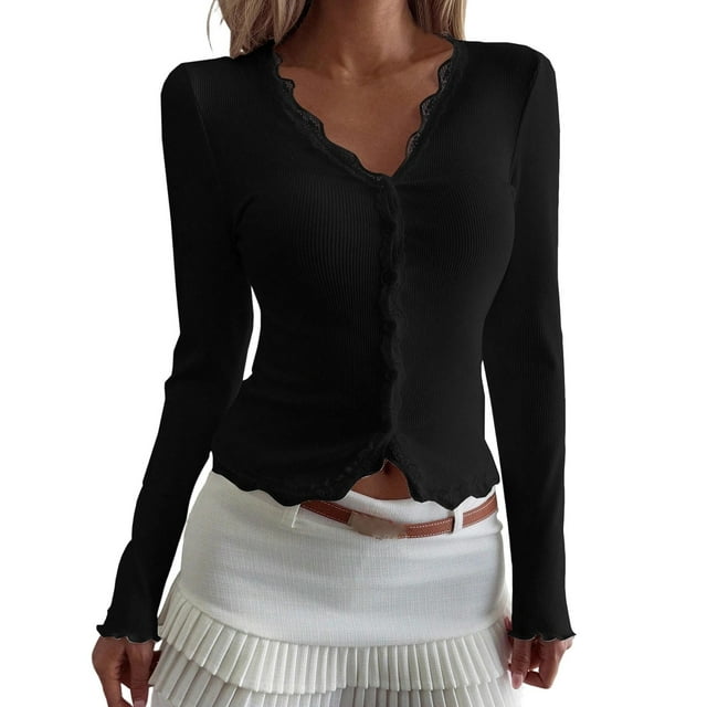 Cardigan for Women Summer, Solid Color V-Neck Lace Panel Ribbed Long Sleeve T-Shirt Top, Women's Cardigan