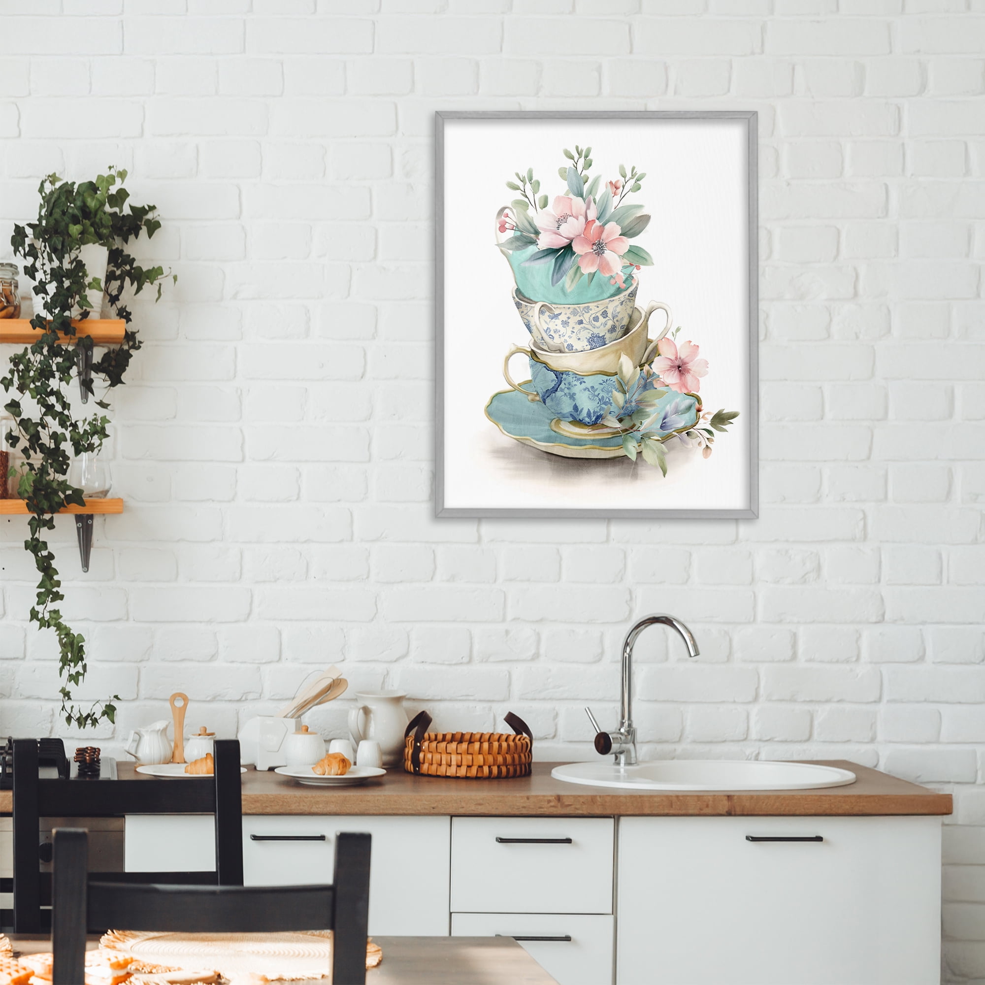 Stupell Industries Tea Cup Chinoiserie Blossoms Gray Framed Giclee Art, design by Kim Allen