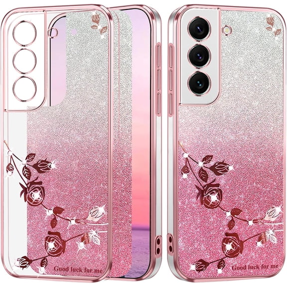 Soft Floral Phone Case for Samsung Galaxy S21 FE 5G Case Clear Silicone Slim, Luxury Aesthetic Samsung S21 FE Case Gliiter for Women Purple Cover Shockproof (Pink)