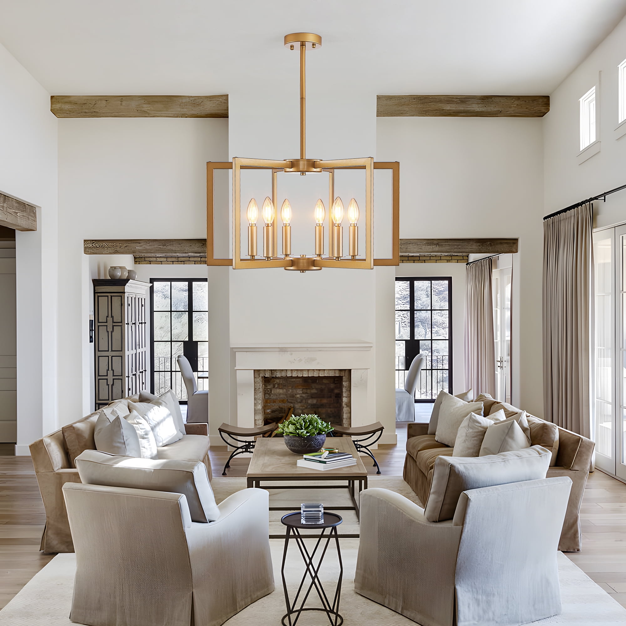 Gold chandeliers for dining room, 6-Light Geometric Modern Farmhouse Hanging Metal for Kitchen Island Pendant Lights Fixture