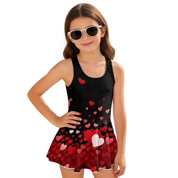 FUIALDOLG Red Love Heart Swimwear for Little Girls Kids One-piece Swim Dress Sleeveless Round Neck Skirted Bathing Suit Cute Ruffle Skirt for Pool Party,Beach Athletic Swimsuit for Teens 3-4 Y