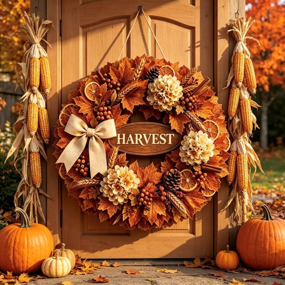 Tyidzon Fall Wreath Sign, 11.8 in Flat Printed Wooden Door Hanger with Harvest Motifs for Thanksgiving Wall and Porch Decor