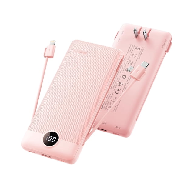 Cargador portátil Coowisty de 10000 mAh con cables integrados, color rosa