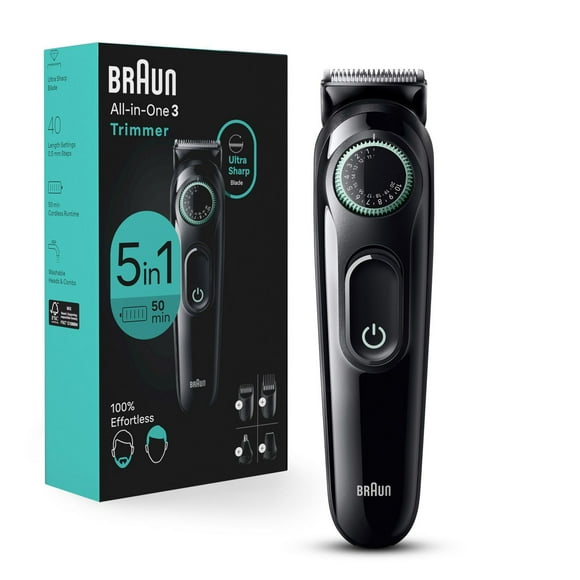 Kit tout-en-un Braun Series 3 3450, tondeuse pour hommes 6 en 1 avec tondeuse à barbe, pour le nez et les oreilles, tondeuse à cheveux et plus, lame ultra tranchante, 40 réglages de longueur, pile rec 1CT