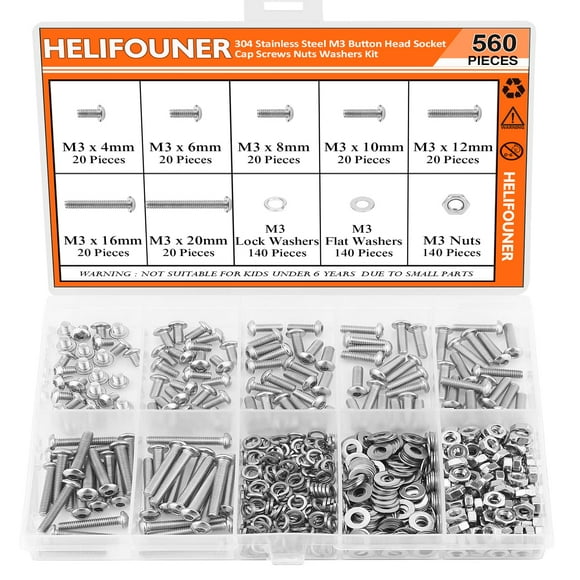 HELIFOUNER 560 Pieces M3 x 4mm 6mm 8mm 10mm 12mm 16mm 20mm, Button Head Socket cap Screws Bolts Washers Nuts Kit, 304 Stainless Steel
