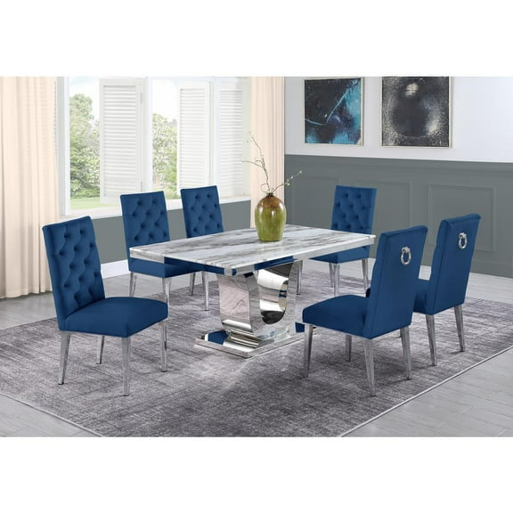 White Marble 7 piece Dining Set with Silver Stainless Steel Base