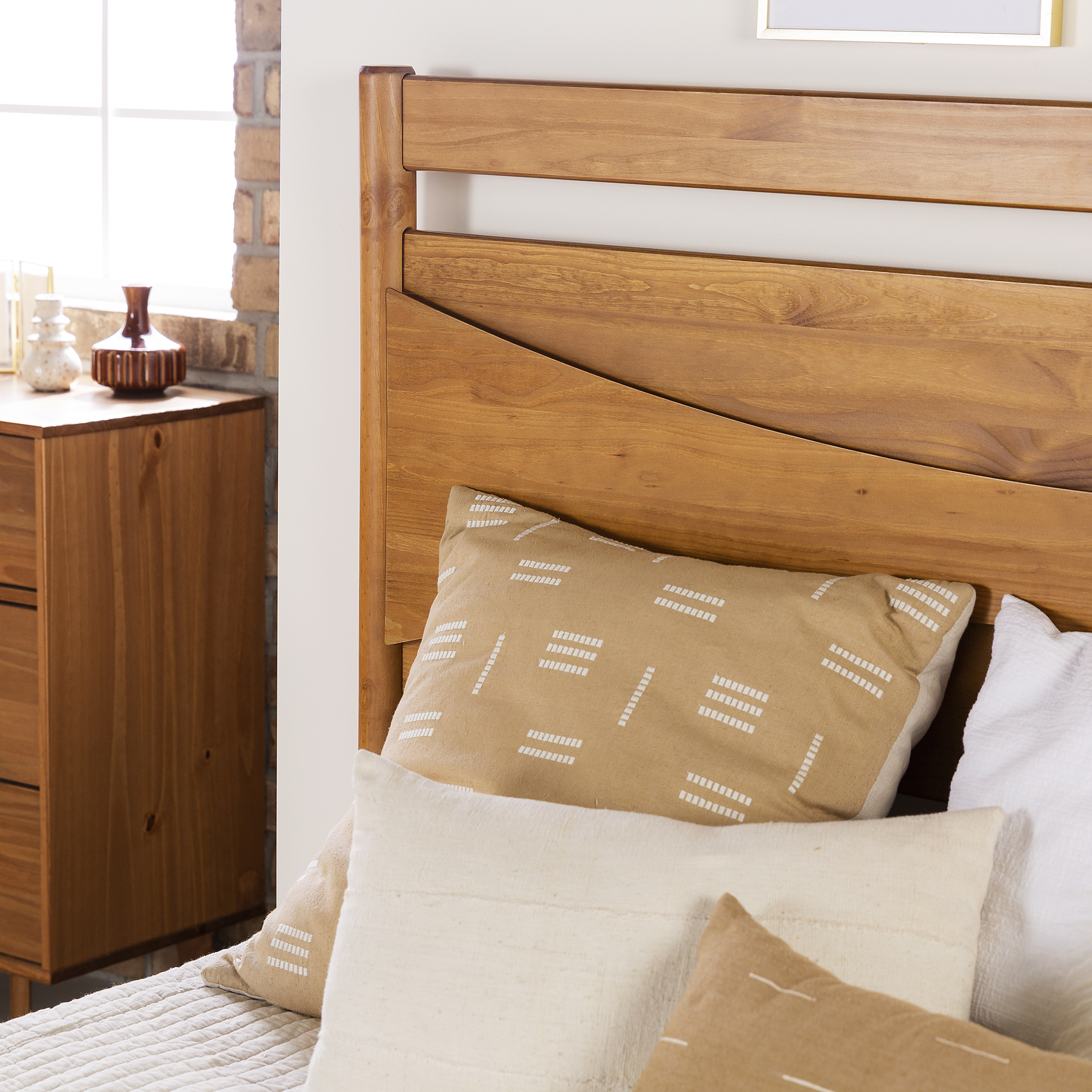 Walker Edison Mid Century Modern Wood Platform Queen Bed Frame, Caramel