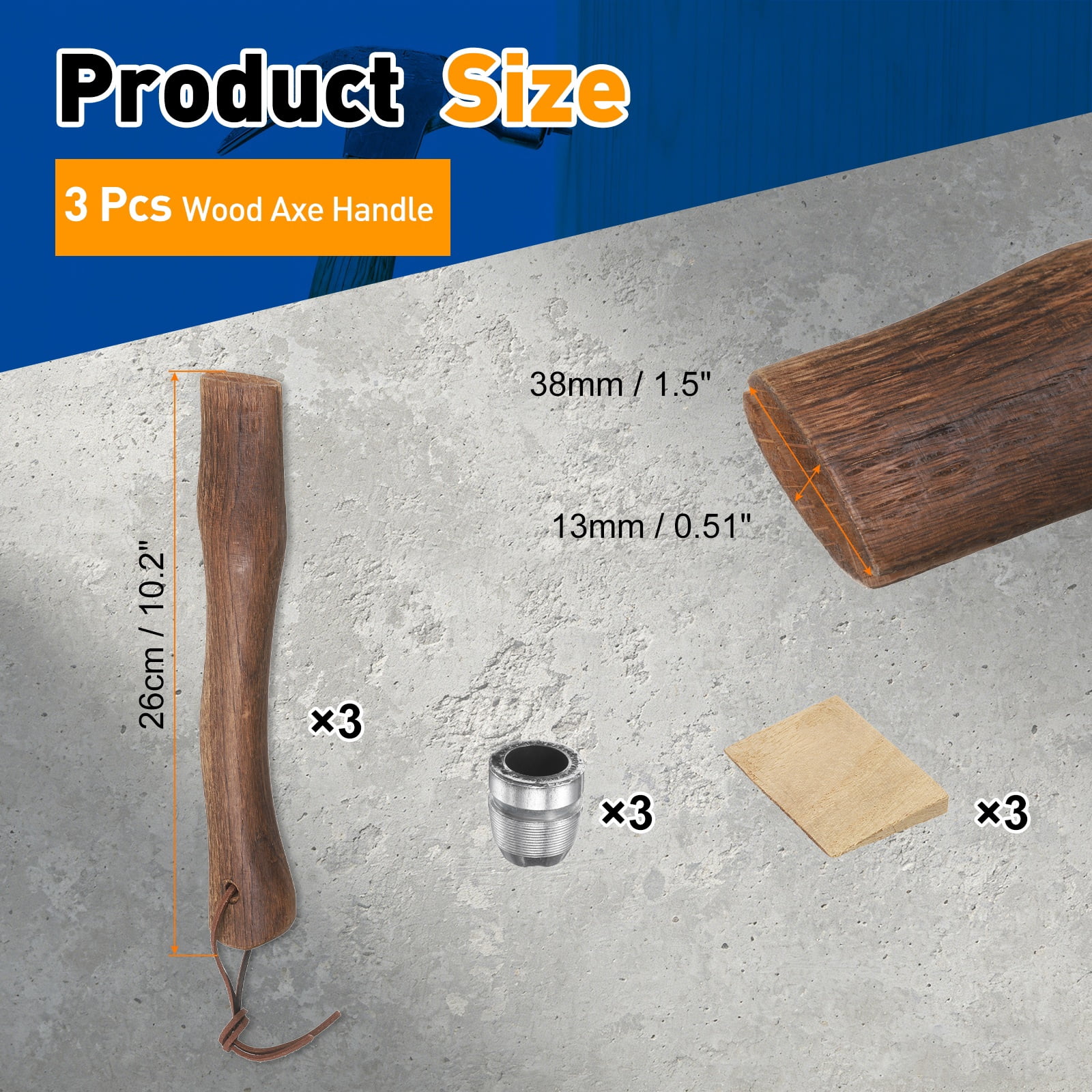 Uxcell 3pcs Wood Axe Handle Replacement 10.2" Universal Hickory Hatchet Handle with Wooden and Round Wedge for Camping Gardening Axe
