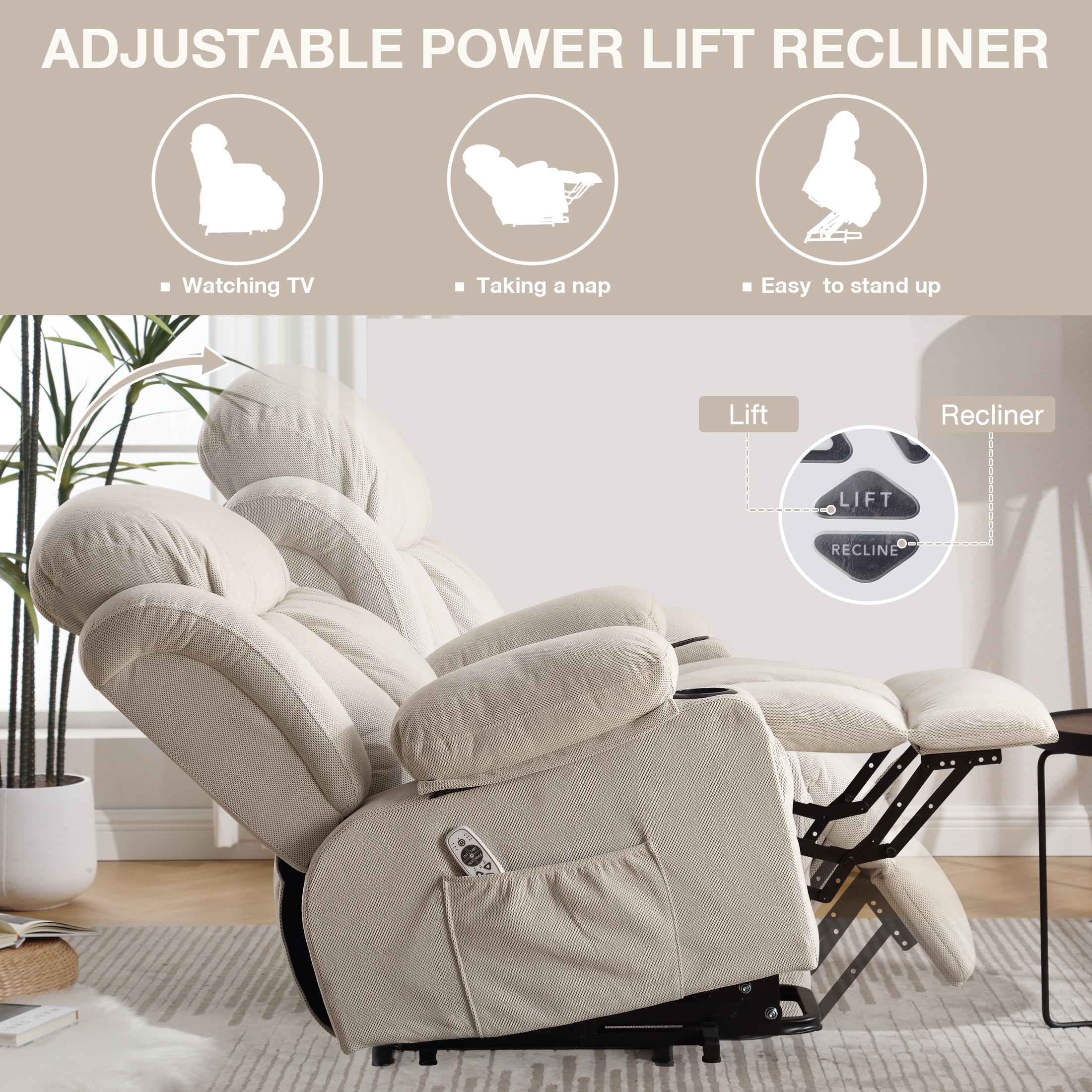 Power Lift Recliner for Elderly, Heavy Duty Electric Recliner Chair with Remote, Plush Fabric Reclining Sofa Chair, Beige