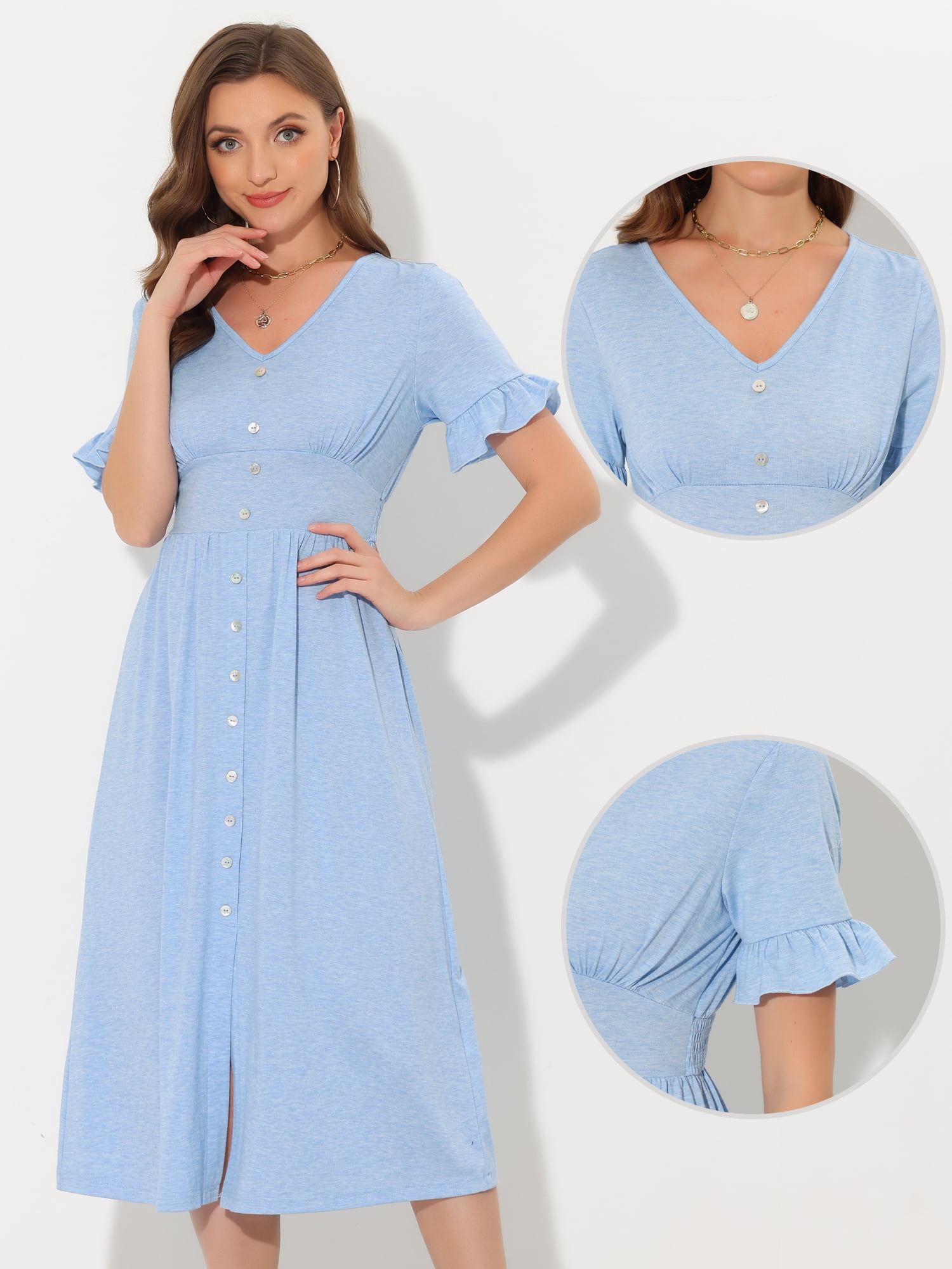 Unique Bargains Women's V Neck Button Flutter Sleeve Smocked High Waist Midi Dress L Blue