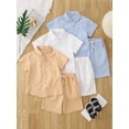 thumbnail image 3 of Fdqin Boys Summer Outfits 6 Pcs Beach Short Sleeve Button Down Shirts and Shorts Vacation Texture Sets for Kids Khaki White Blue 4-5 Years, 3 of 8