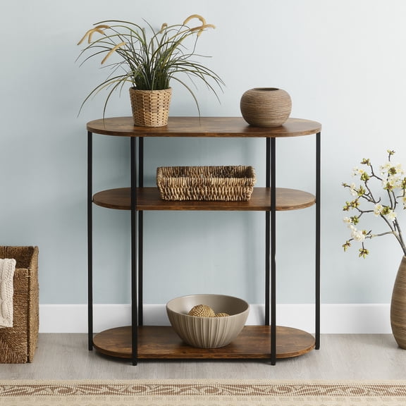 Designs2Go Simon Three-Tier Oval Entryway Hall Table in Walnut Wood Finish
