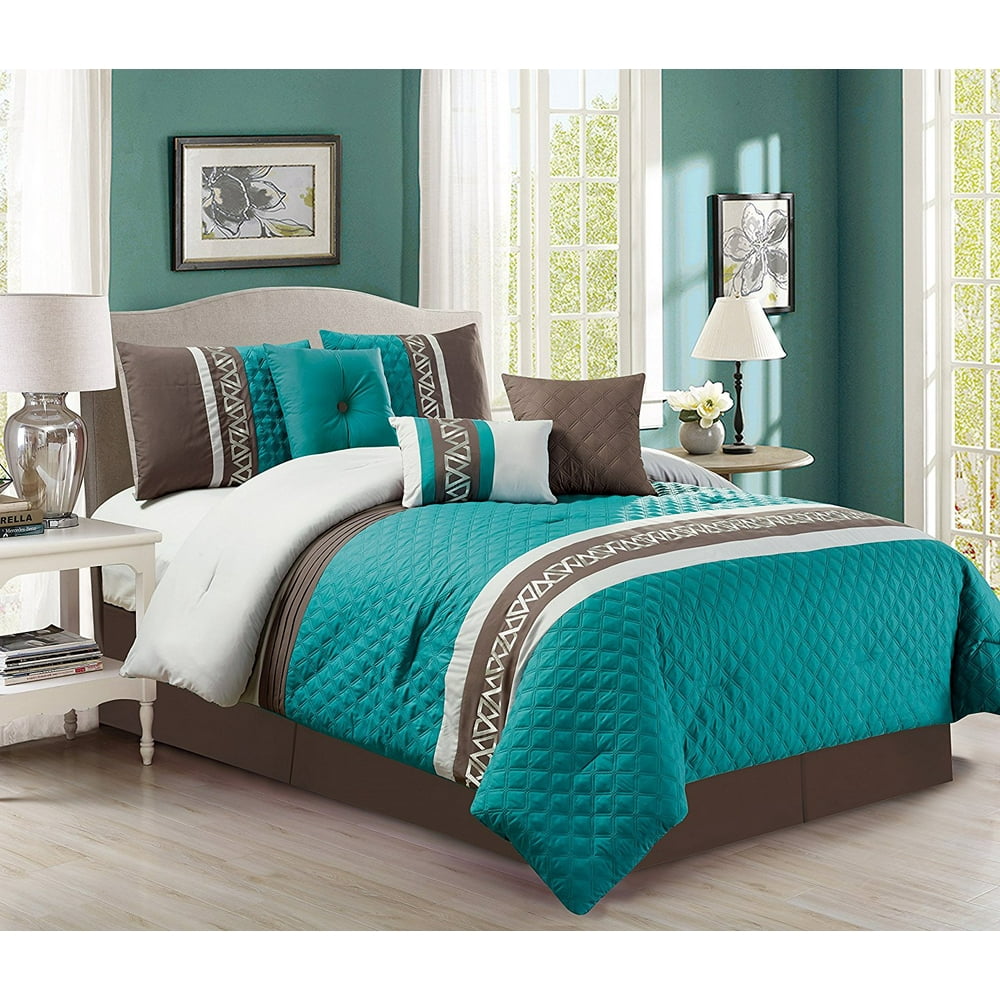 Empire Home 7 Piece Diamond Embroidered Teal & brown Comforter set