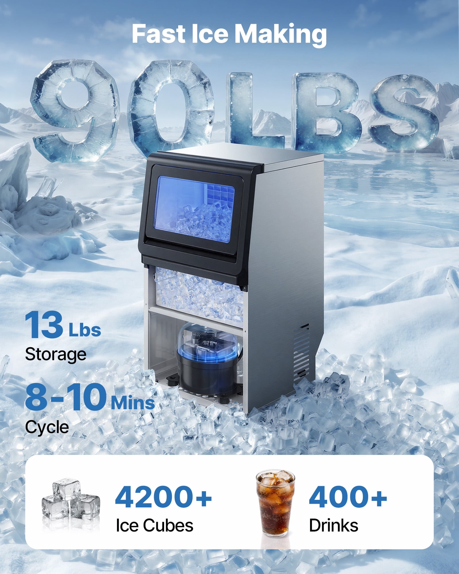 VEVOR Commercial Ice Maker Machine, 90 lbs/24h with 13 lbs Storage Capacity, Countertop/Freestanding/Under Counter, Stainless Steel Ice Maker with LED Display & Self-Cleaning, for Home Bar Restaurant