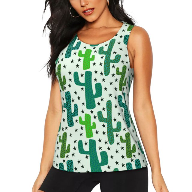 Fotbe Cactus 1 Blusas Sin Mangas para Mujer – Estilo Casual, Corte Suelto, Slim-Fit, Cuello Redondo Deportivo, Tops de Verano para Gimnasio y Yoga-XX-Large