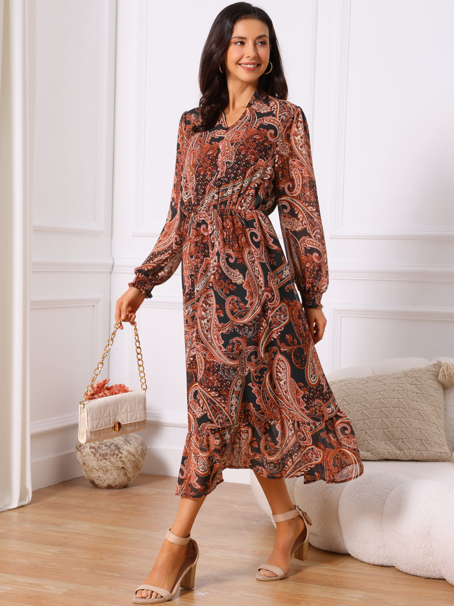 DARING DIVA Women's V Neck Long Sleeve Smocked Cuff A-Line Dress M Black