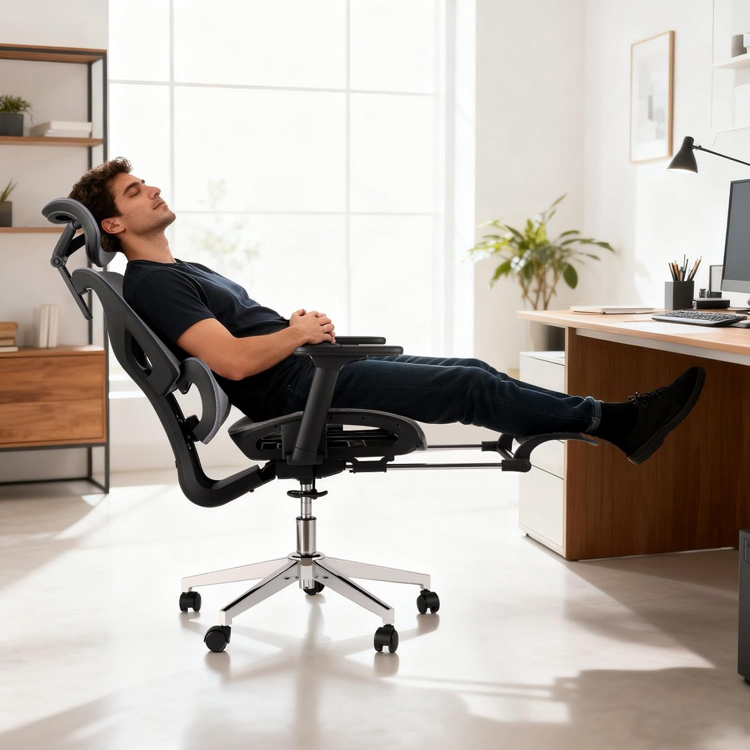 Ergonomic Mesh Office Chair with Footrest, Adjustable Armrests, Dynamic Lumbar Support, Recline & Tilt Function, High Back Design, Rolling Caster Computer Chair for Home Office, Gray