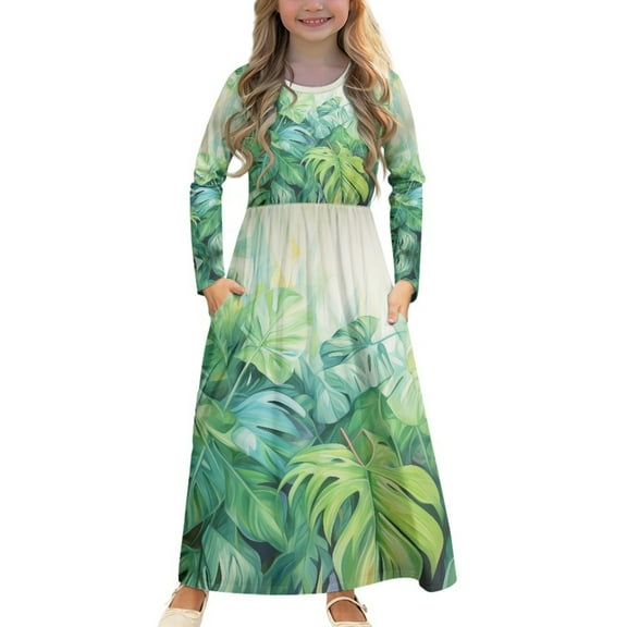 DISNIMO Green Palm Leaf Dress Girls Long Sleeve Dresses Size 7-8 Dresses for Kids Long Swing Dress with Pockets Long Sleeve Crew Neck Dress for Kids Girls Twirl Dresses Soft