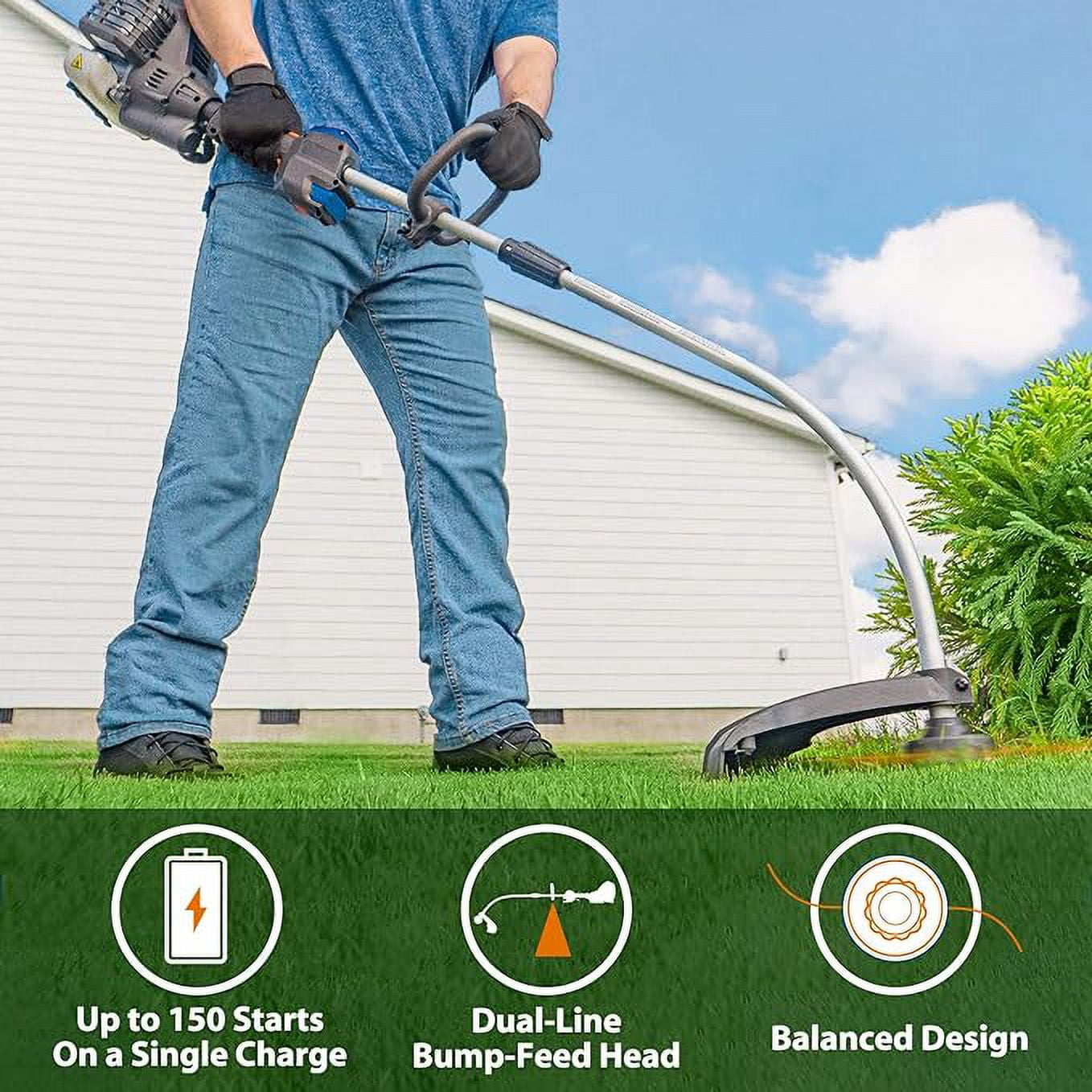 LawnMaster No-Pull Gas String Trimmer 25cc 2-Cycle 17-Inch Split Shaft
