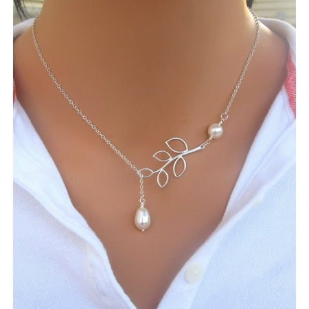 Pear Drop Pendant - Women Fashionable Necklace Leaf Shaped Design Water Drop Pearls Pendant Necklace Jewelry Silver