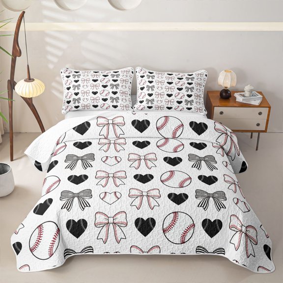 Homewish Bow Heart Baseball Pattern Twin Quilt Set, Cute Sport Twin Coverlet Set for Girls and Boys, 2 Pieces, 1 Comforter and 1 Pillowcase