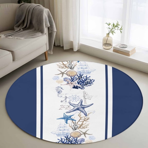 Coastal Navy Round Area Rug 4 FT, Non Slip Indoor Outdoor Rug, Blue Starfish Coral Nautical Striped Washable Soft Circular Carpet Non-Shedding Floor Mat for Coffee Table Nursery Foyer Balcony