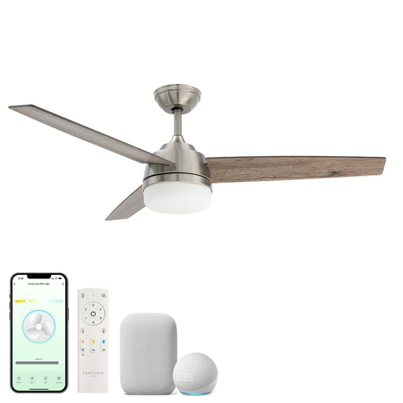 Gale 52in 3-Blade Smart Ceiling Fan 2700K-6000K CCT Tunable Range LED Light Kit in Brushed Nickel with Weathered Wood Blades Works With iOS or Android App