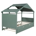 thumbnail image 4 of Twin Size House Bed with Trundle, Modern Montessori Bed with Open Shelf, Wood Bed Frame with Headboard and Roof, for Bedroom, Dorm, Green, 4 of 9