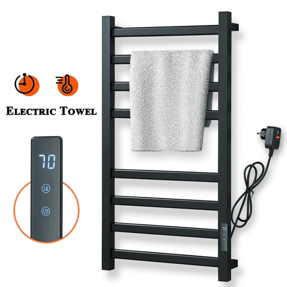 Zovajonia Black Heated Towel Rack for Bathroom, Stainless Steel Wall Mounted 8 Bar Electric Hot Towel Warmer with LED Temperature Display