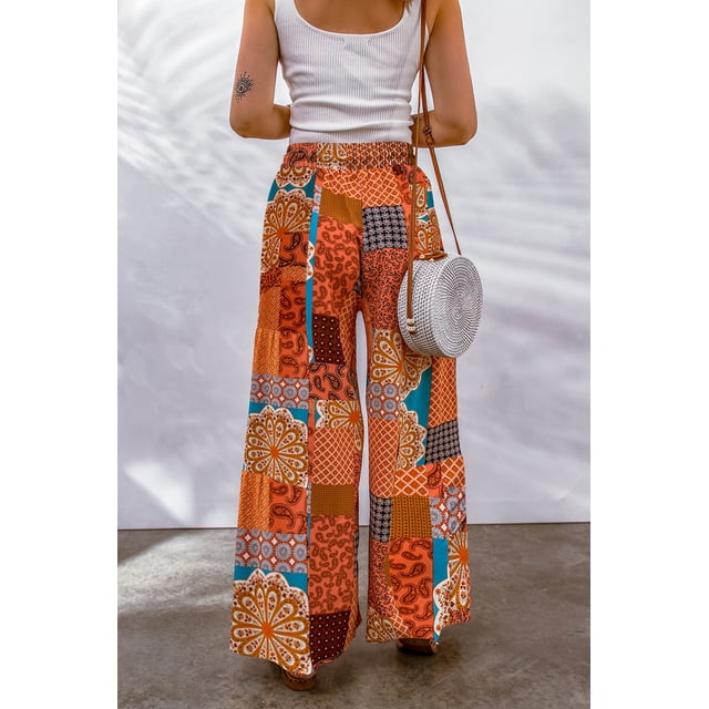 ABPHQTO Pantalones de pierna ancha con cordón y estampado de patchwork boho naranja para mujer