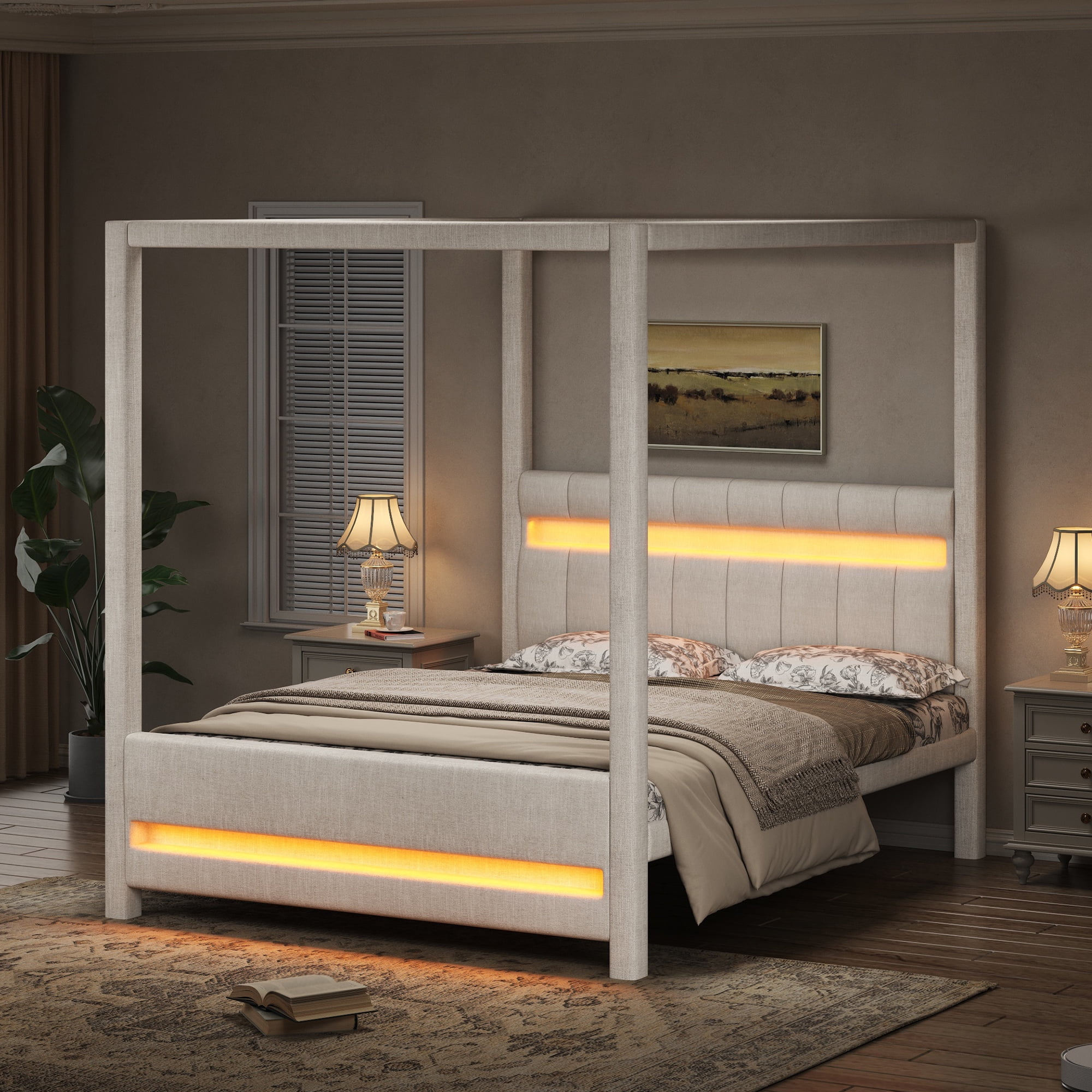 Euroco Upholstery Queen Size Canopy Bed with LED Light, No Box Spring Needed Platform Bed, Beige