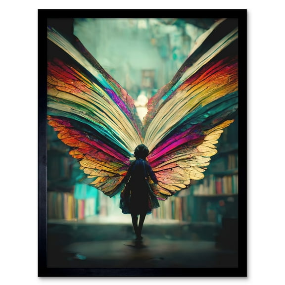 Library Book Fairy Rainbow Wings Art Print Framed Poster Wall Decor 12x16 inch