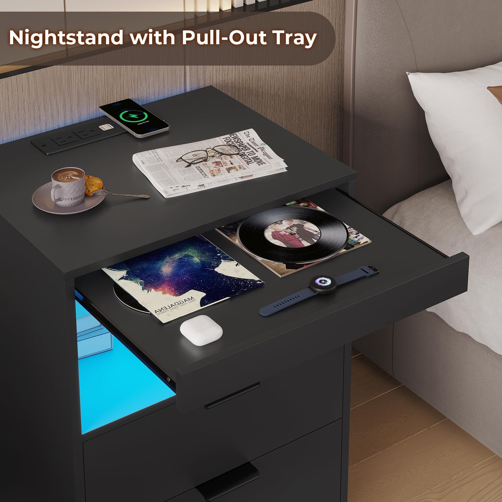 Black Nightstand Set of 2, Nightstand with LED Light and Wireless Charging Station, Night Stand with Drawers & Pull-Out Shelf, Modern Bedside Table with Storage, End Table Side Table