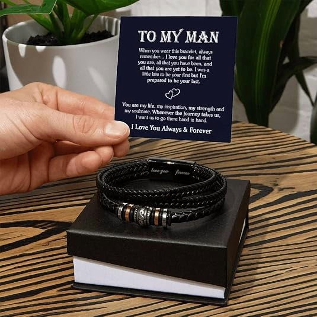 Leather Bracelet for Men, Men’s Love You Forever Bracelet Gift Ideas With Message Card, To My Man Bracelet Romantic Gift For Him, Sentimental Gifts For Husband/Boyfriend From Wife/Girlfriend