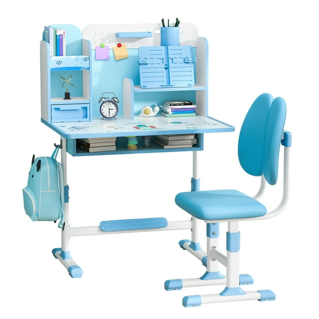 Ensemble de 2 Pcs/ensemble Bureau et Chaise d'Étude pour Enfants, Ensemble de Table et Chaise d'Étude Scolaire pour Enfants à Hauteur Réglable avec Correcteur de Posture Assise, Chaise de Bureau Ergonomique avec Support de Livre, Pédale, Conception à Cloison (Rose, Bleu)