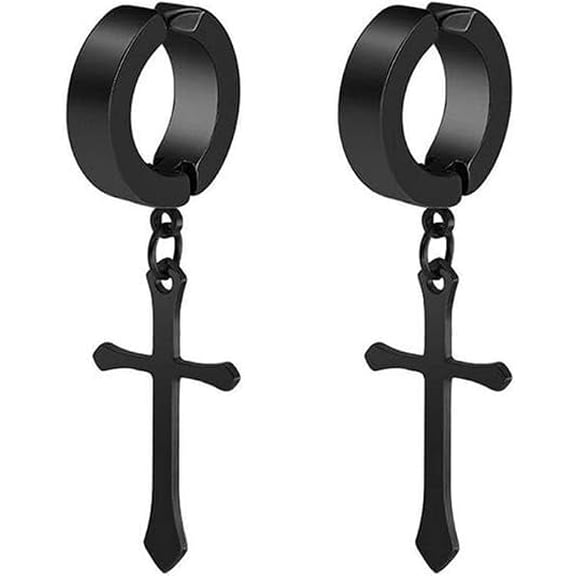 Titanium Steel Cross Clip On Earrings for Men Women, Non Pierced Black Stainless Steel Hoop Dangle Earrings, Hypoallergenic Faux Piercing Jewelry Gift Set