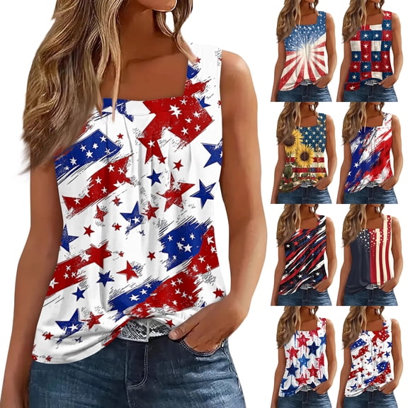 Patriotic 250th Anniversary Tank Top for Women - Star Spangled Square Neck Tee - 1776-2026 Independence Day Graphic Top - Red White Blue Sleeveless Casual Blouse Blue L