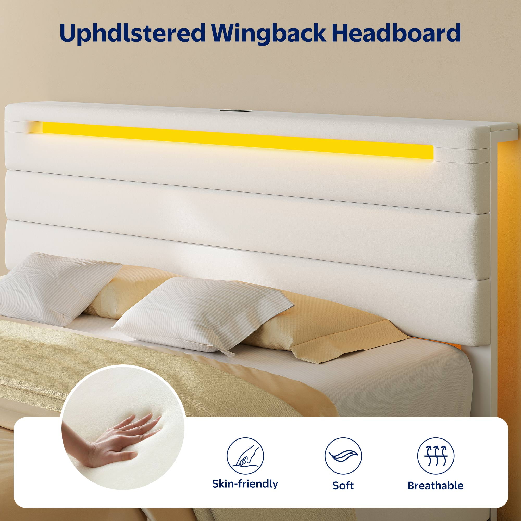 Greenstell Queen Size Bed Frame with Upholstered Storage Headboard and LED Light, Bed Platform with Charging Station, USB Ports, Under-bed Storage, White
