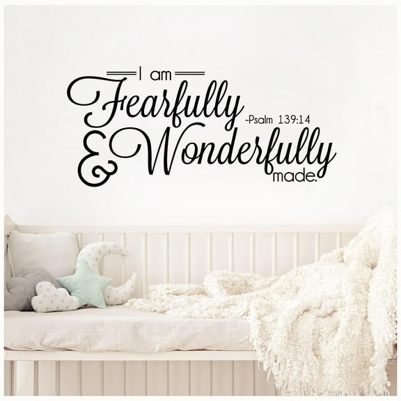 I Am Fearfully And Wonderfully Made Psalm 139:14 Vinyl Lettering Scripture Quote Decal Spiritual Decals - Size: 12.5" H x 28"L - Color: Black