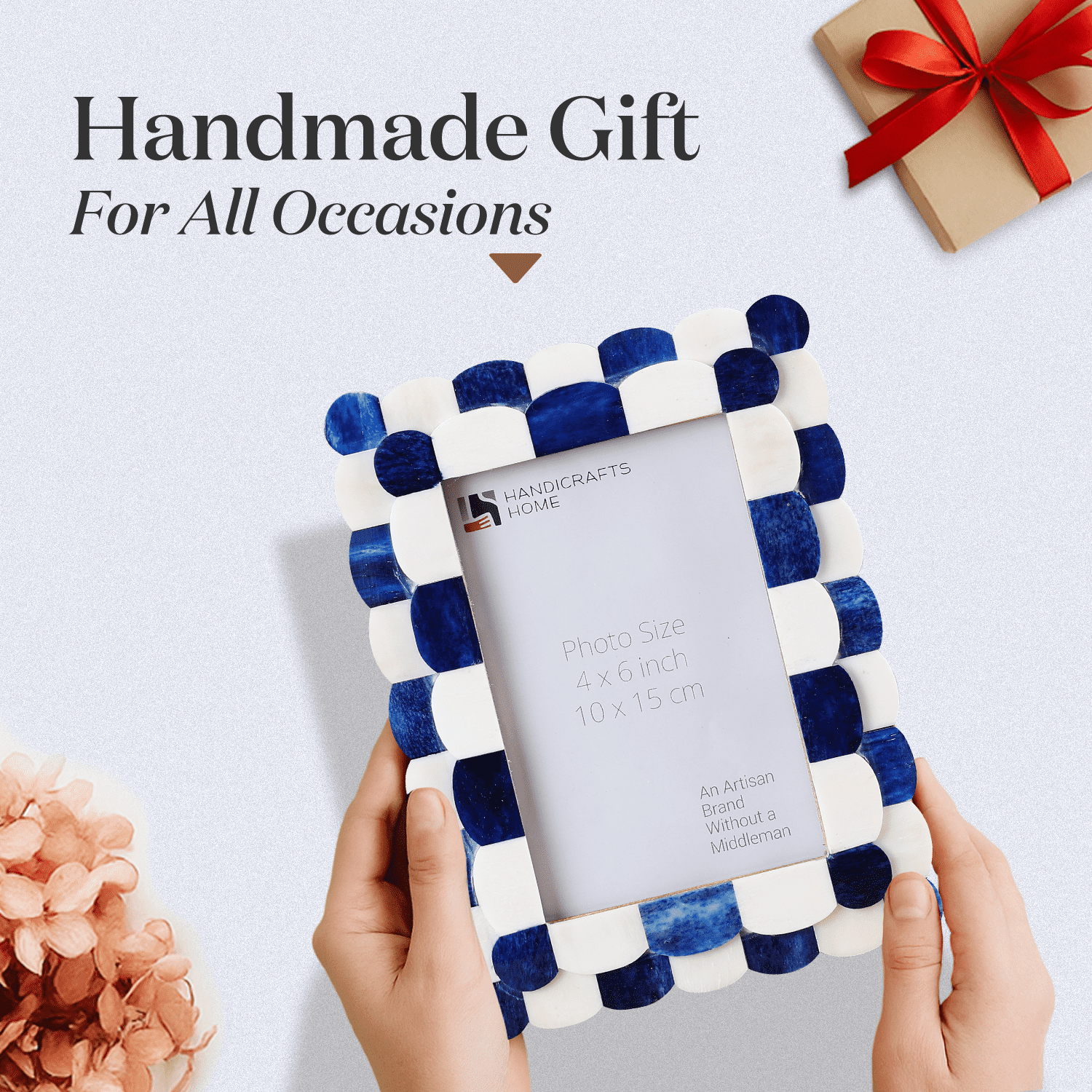 Handicrafts Home 4x6 Picture Frame Blue & White, Scalloped Bone Inlay Photo Frame, Handmade Decorative Picture Frame for Wall or Tabletop, Coastal Modern Home Decor