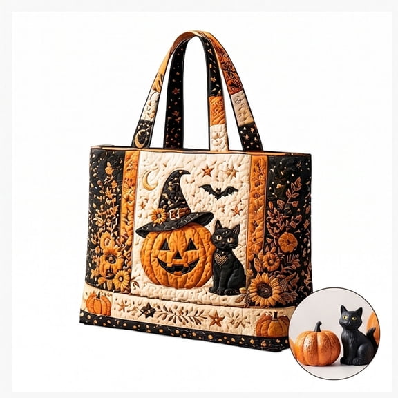 Halloween Quilted Tote Bag for Women, Spooky 3D Large Capacity Shoulder Purse with Black Cat Pumpkin Ghost Print, Retro Foldable Shopping Carryall for Daily Commute Fall Decor (15x14 Inch)