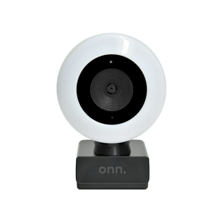 onn. Webcam with Ring Light w/3 LED Levels, Autofocus, Built-in Microphone, White & Black
