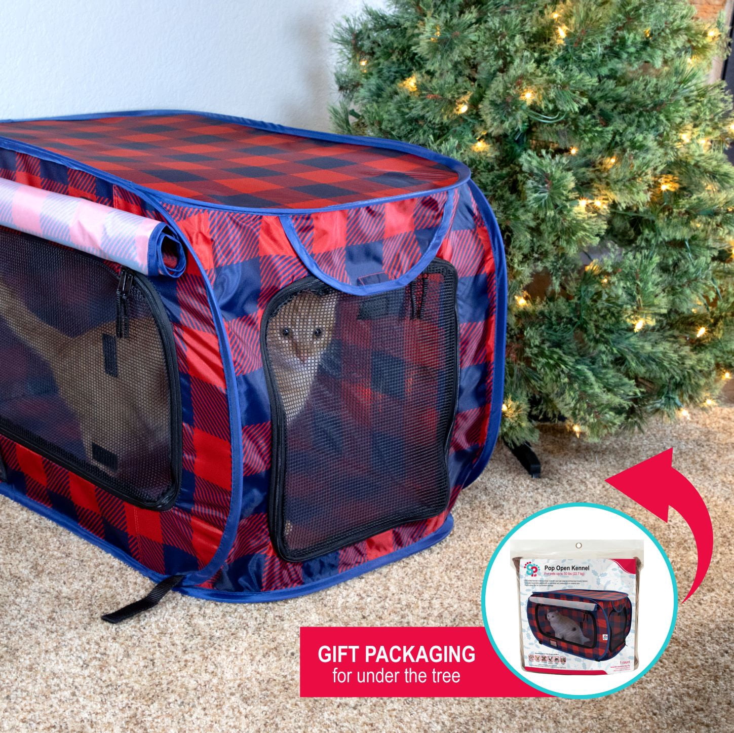 SP Holiday Plaid Pop Open Kennel, Red and Blue