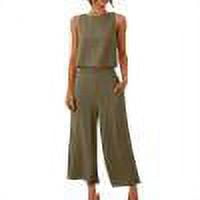 RT5YKing 2PC Cotton And Linen Fashion Woman Round Neck Solid Sleeveless Blouse +Loose Pockets Pants Sets