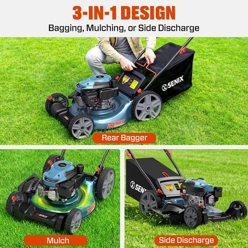SENIX Kit w/LSPG-M14/GTC4QL-L/BL4QL-L, 144cc 21-inch Gas Push Lawn Mower 3-in-1, 26.5 cc 17" String Trimmer and 4-Cycle 410 CFM Leaf Blower Kit, M14-GTC-BL4QL